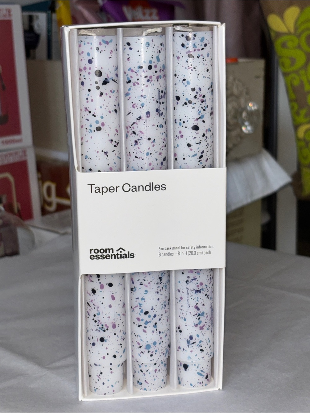 Room Essentials White Taper Candles with Blue, Purple Speckles